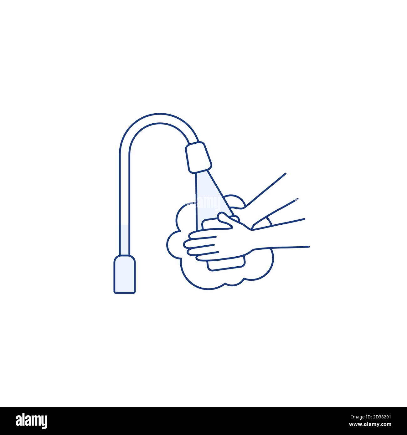 Lavare le mani con l'icona della linea isolata con acqua saponata. Illustrazione Vettoriale