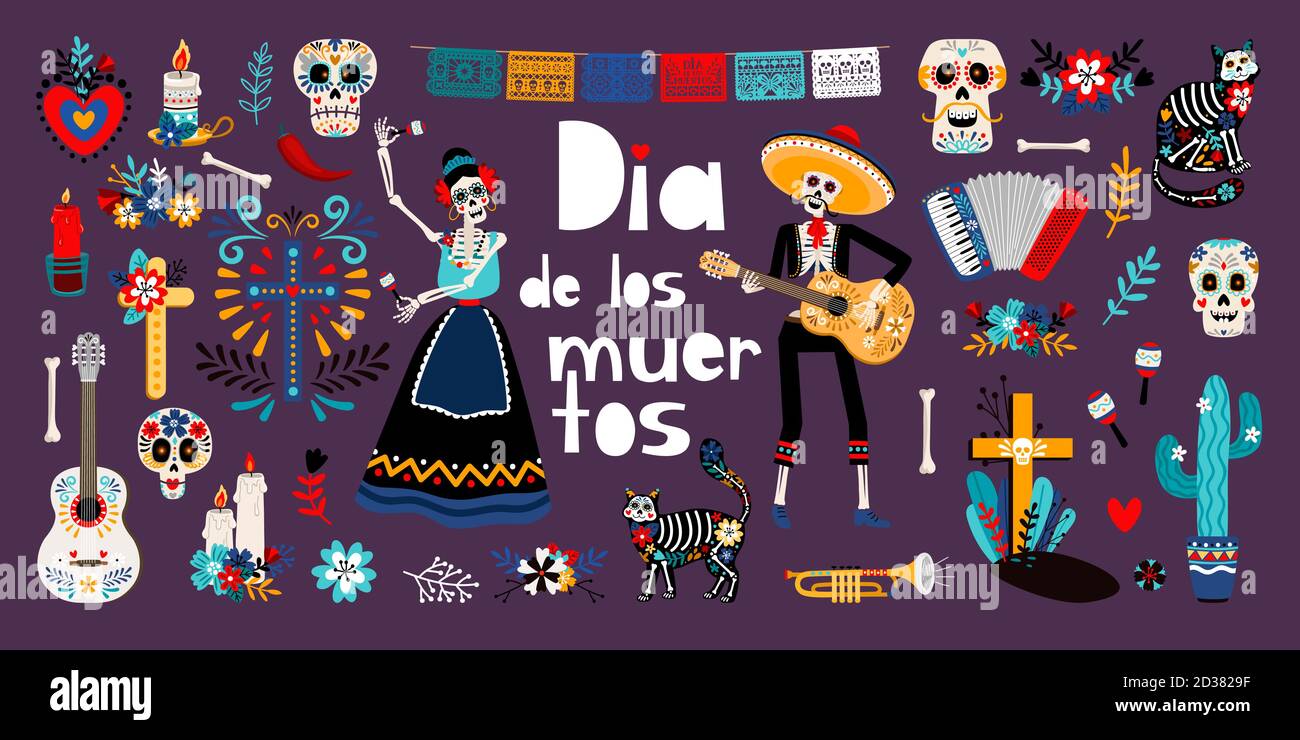 Giorno dei morti, dia de los muertos, set di illustrazioni vettoriali piatte. Zucchero teschi messicani, scheletri in abiti tradizionali messicani. Cat, cactus, candela isolato clipart. Adesivi per le festività, confezione di patch Illustrazione Vettoriale