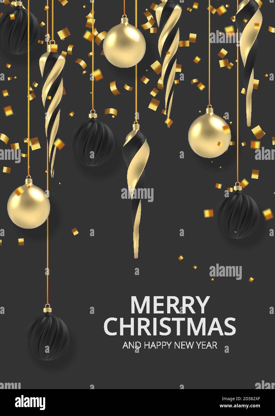 Sfondo xmas sfera di Natale d'oro in stile realistico su sfondo nero. Illustrazione vettoriale. Illustrazione Vettoriale