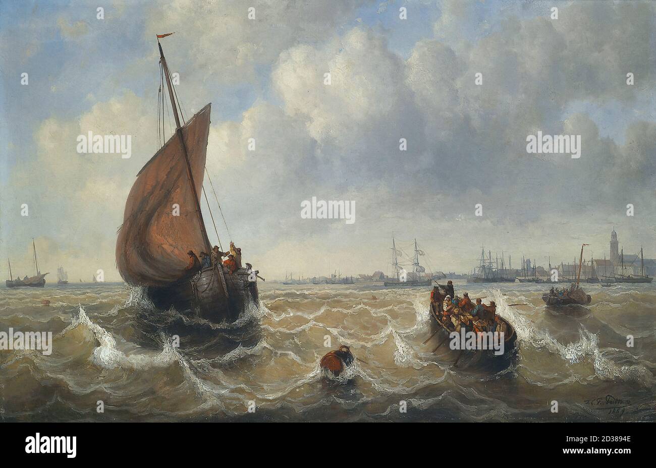 Puttner Josef Carl Berthold - Barche da pesca in Mare di Rough In Open Seascape con Porto - Repubblica Ceca e Slovacchia Scuola - 19 ° secolo Foto Stock