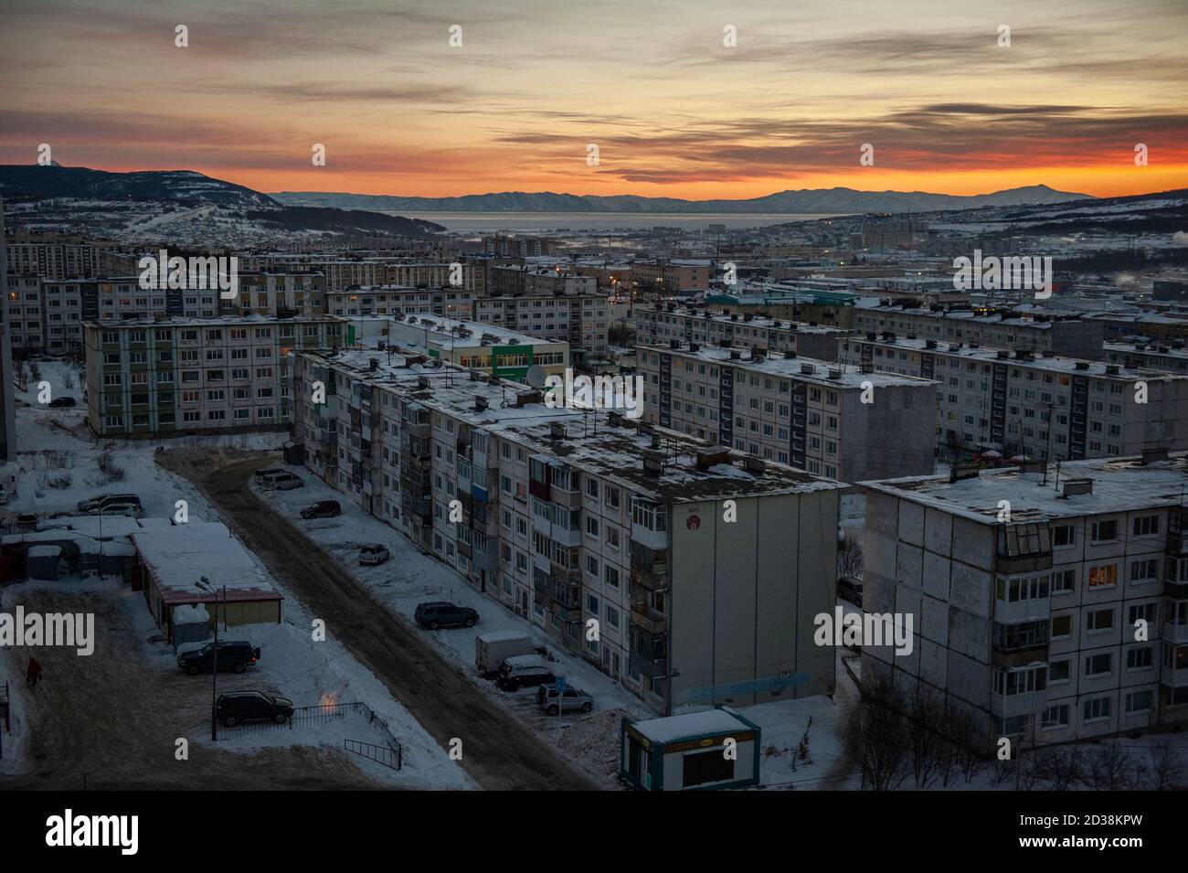 Vista di Magadan, la capitale dell'Estremo Oriente della Russia Kolyma Foto Stock