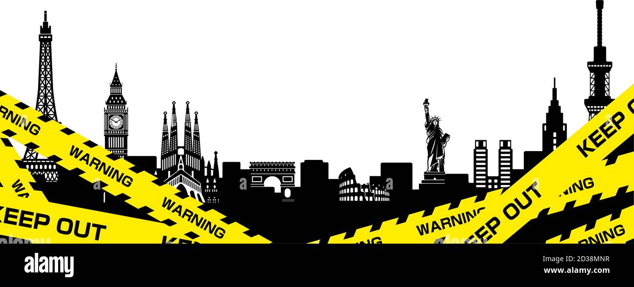 Nastri di avvertimento gialli e neri e illustrazione vettoriale del paesaggio urbano Illustrazione Vettoriale