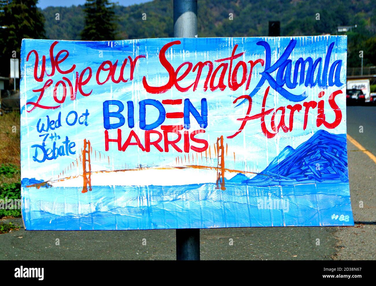 Biden Harris campagna segni mostra da artista volontario lungo Marin County Freeway in california usa sollecitando il voto per il presidente e. vicepresidente Foto Stock