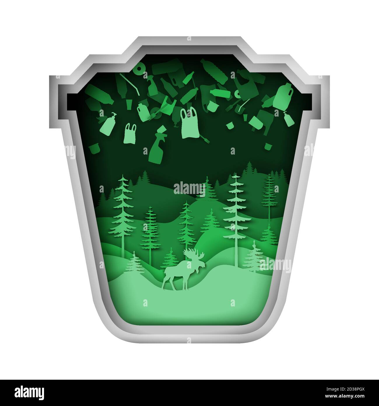 Cestino verde con plastica spazzatura natura foresta silhouette alk, vettore carta taglio illustrazione. Arrestare l'inquinamento delle foreste. Illustrazione Vettoriale