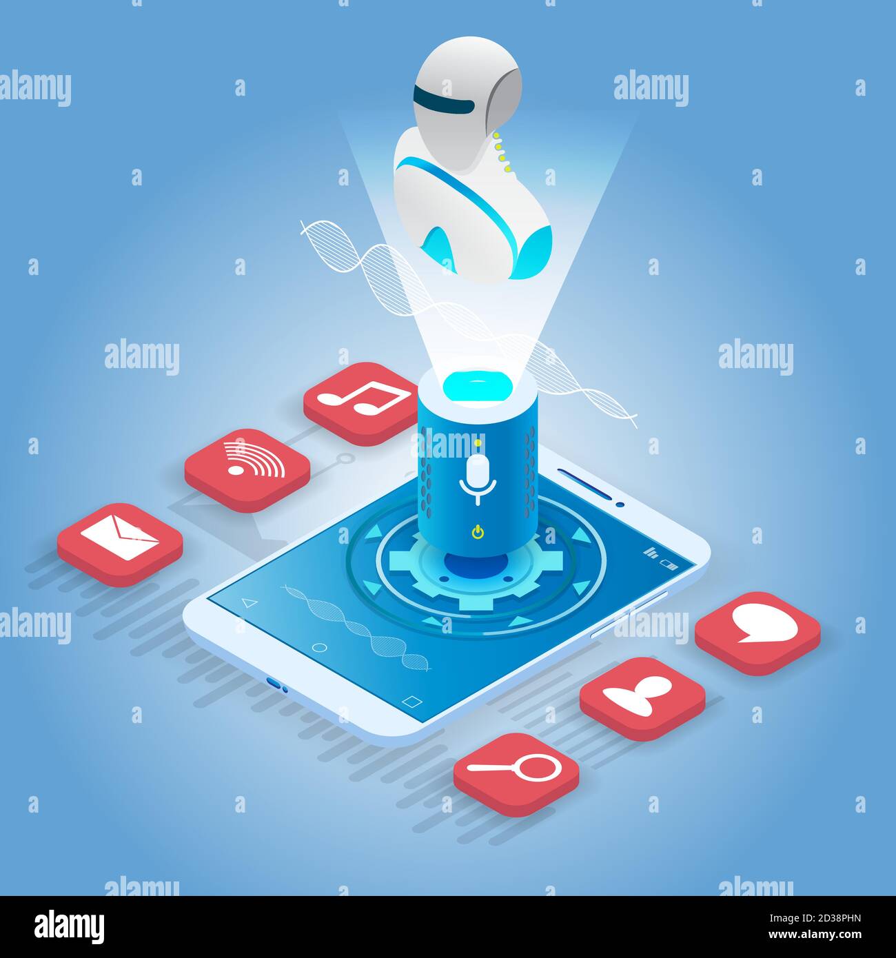 Smartphone isometrico con assistente robot digitale con controllo vocale, illustrazione vettoriale. Tecnologia di riconoscimento vocale. Illustrazione Vettoriale