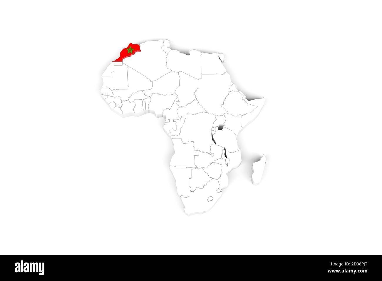 Africa Mappa 3d con i bordi contrassegnati - Marocco area marcata Con bandiera Marocco - isolato su sfondo bianco - 3D Illustrazione Foto Stock