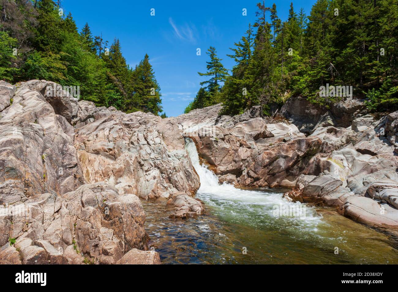 Broad River lungo il Moosehorn Trail. Il ruscello forma piccole cascate e piscine. Roccia di granito scolpita. Parco nazionale di Fundy, New Brunswick, Canada Foto Stock