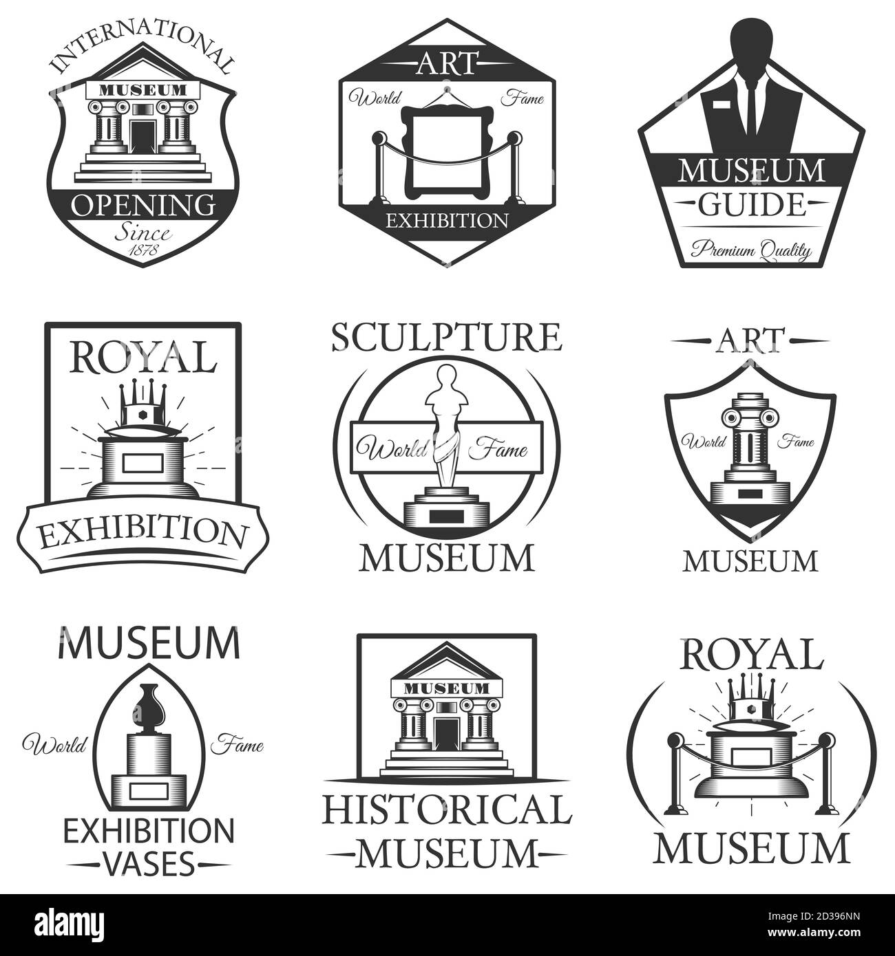 Insieme vettoriale di etichette, logo e emblemi isolati del museo. Simboli museali in bianco e nero ed elementi di design. Illustrazione Vettoriale