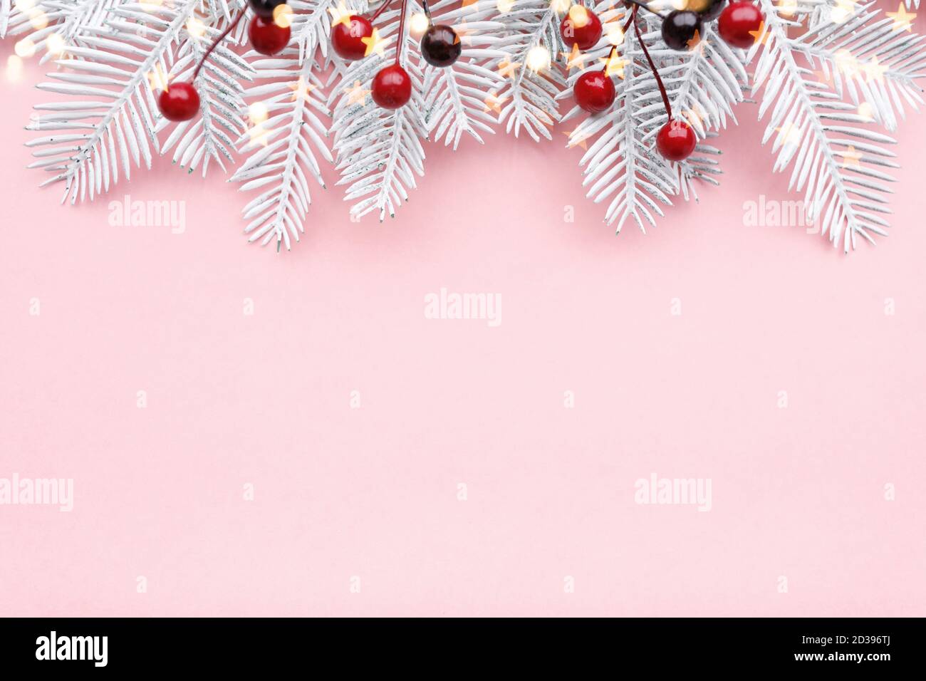 Confine natalizio con rami di abete, rowan e luci dorate su sfondo rosa pastello Foto Stock