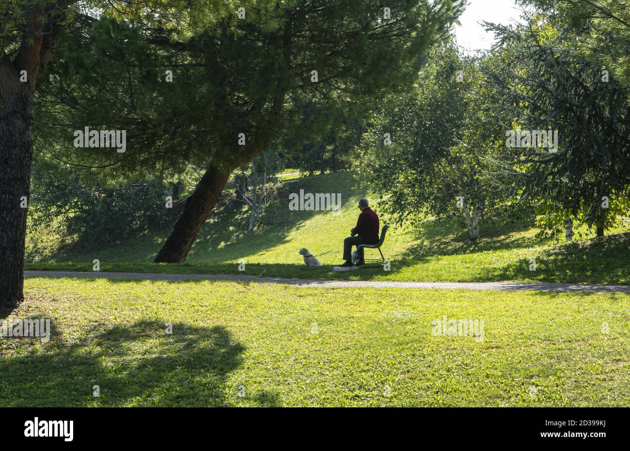 un uomo in compagnia del suo cane seduto sopra una panca di parcheggio Foto Stock