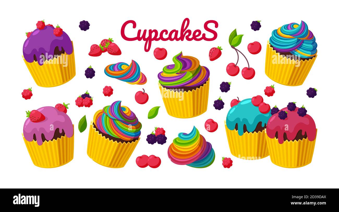 Cupcake e bacche in grande set cremoso. Cupcake con glassaggi colorati dell'arcobaleno. Illustrazione vettoriale per panetterie in stile cartoon Illustrazione Vettoriale