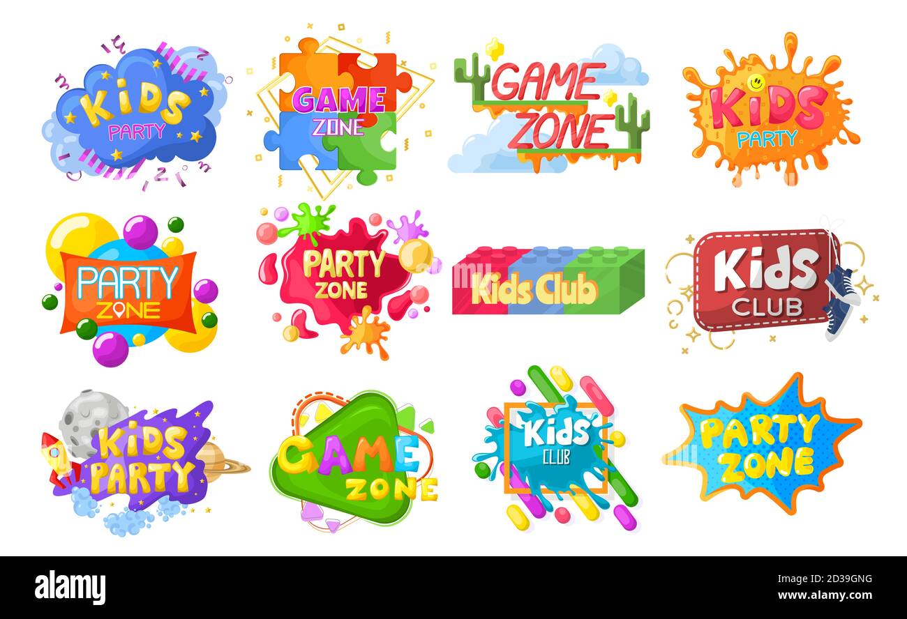 Emblema, logo, striscione, set di etichette, immagine vettoriale isolata piatta per bambini. Decorazioni per club per bambini. Illustrazione Vettoriale