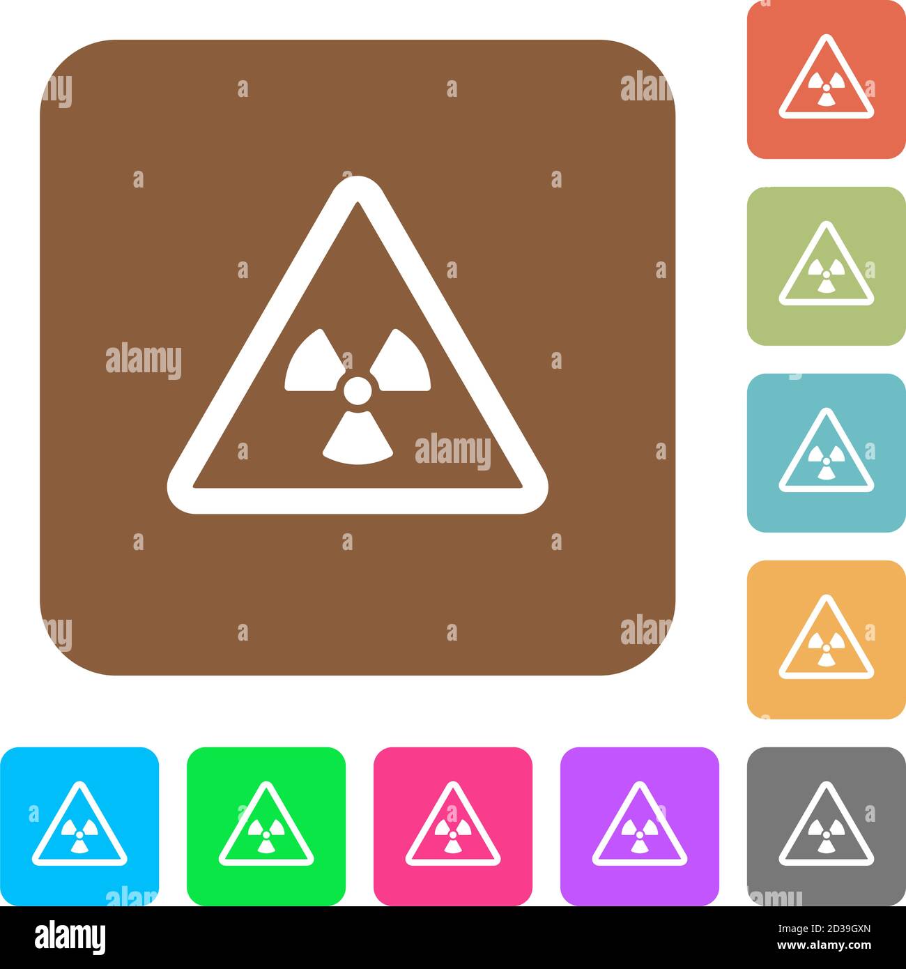 Icone piatte di avvertenza nucleare su sfondi quadrati arrotondati dai colori vivaci. Illustrazione Vettoriale