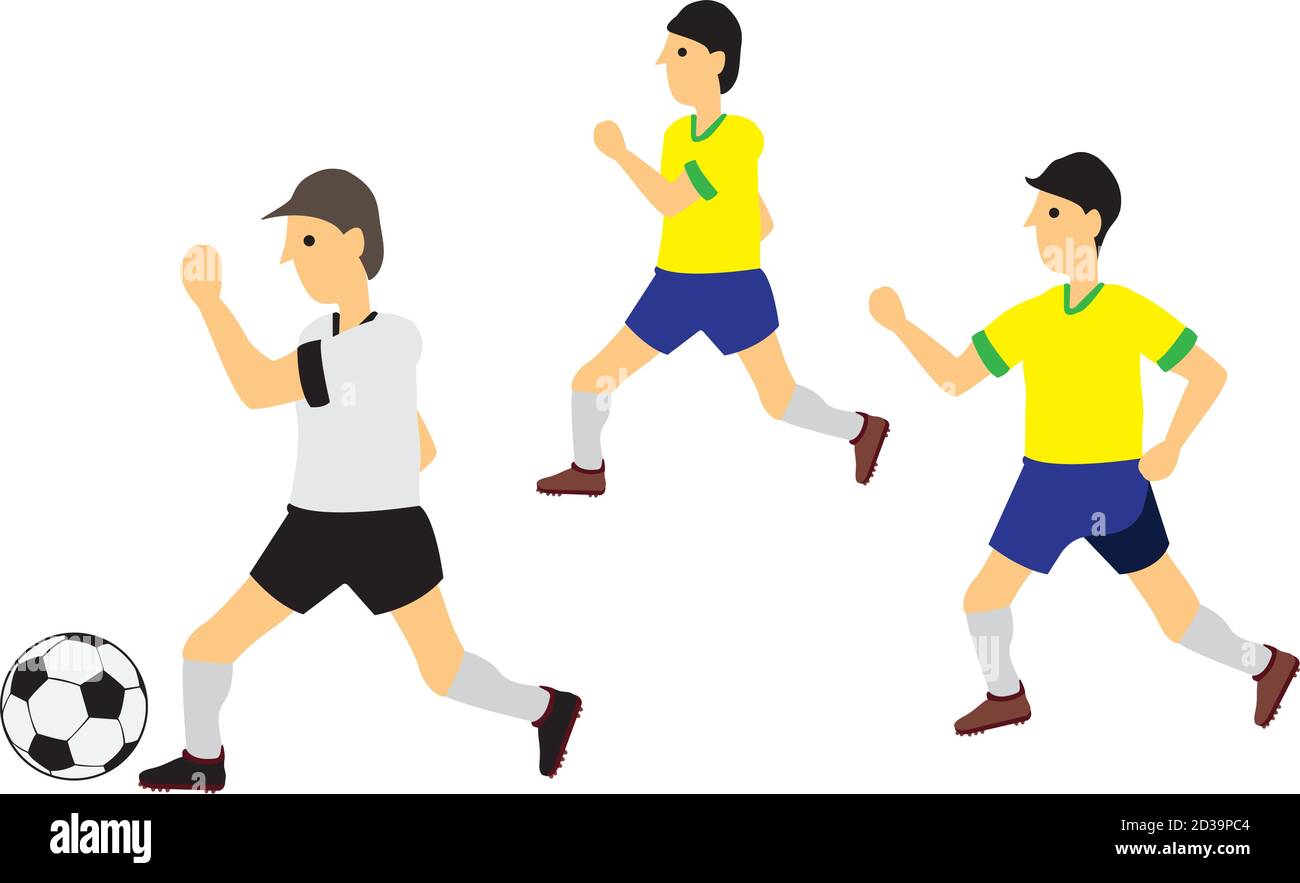 Giocatore professionista di calcio che gioca con il suo concorrente. Illustrazione vettoriale cartoon isolata piatta. Illustrazione Vettoriale