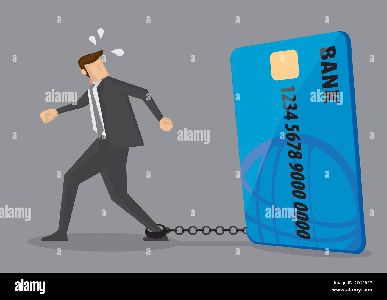 Uomo d'affari cartone animato con piede incatenato per la carta di credito banca cercando di fuggire. Illustrazione vettoriale creativa sul concetto di debito della carta di credito isolato su grigio Illustrazione Vettoriale