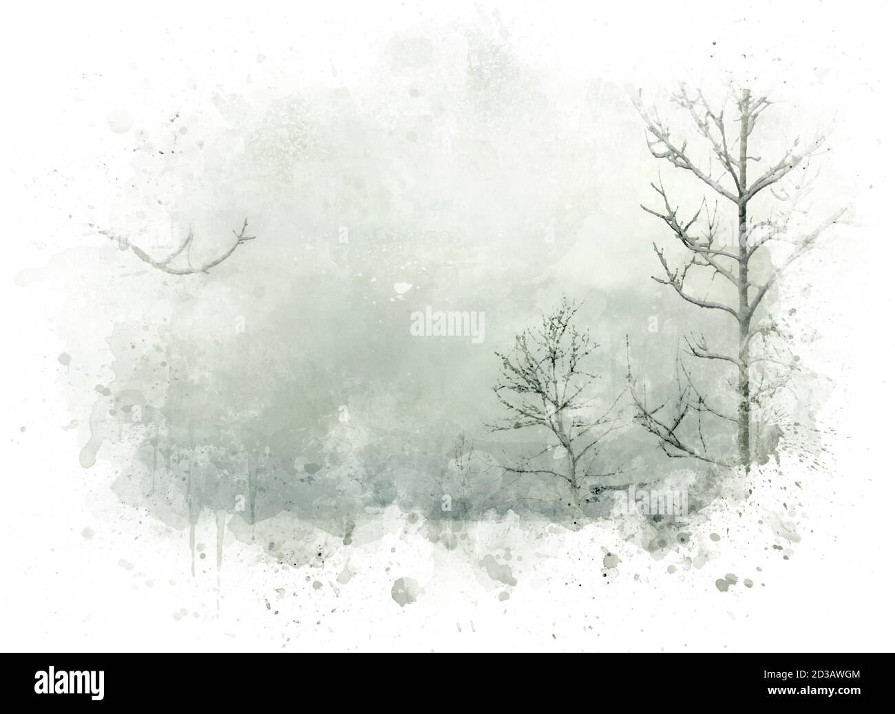 Paesaggio invernale, vuoto per testo o cartolina, illustrazione acquerello Foto Stock