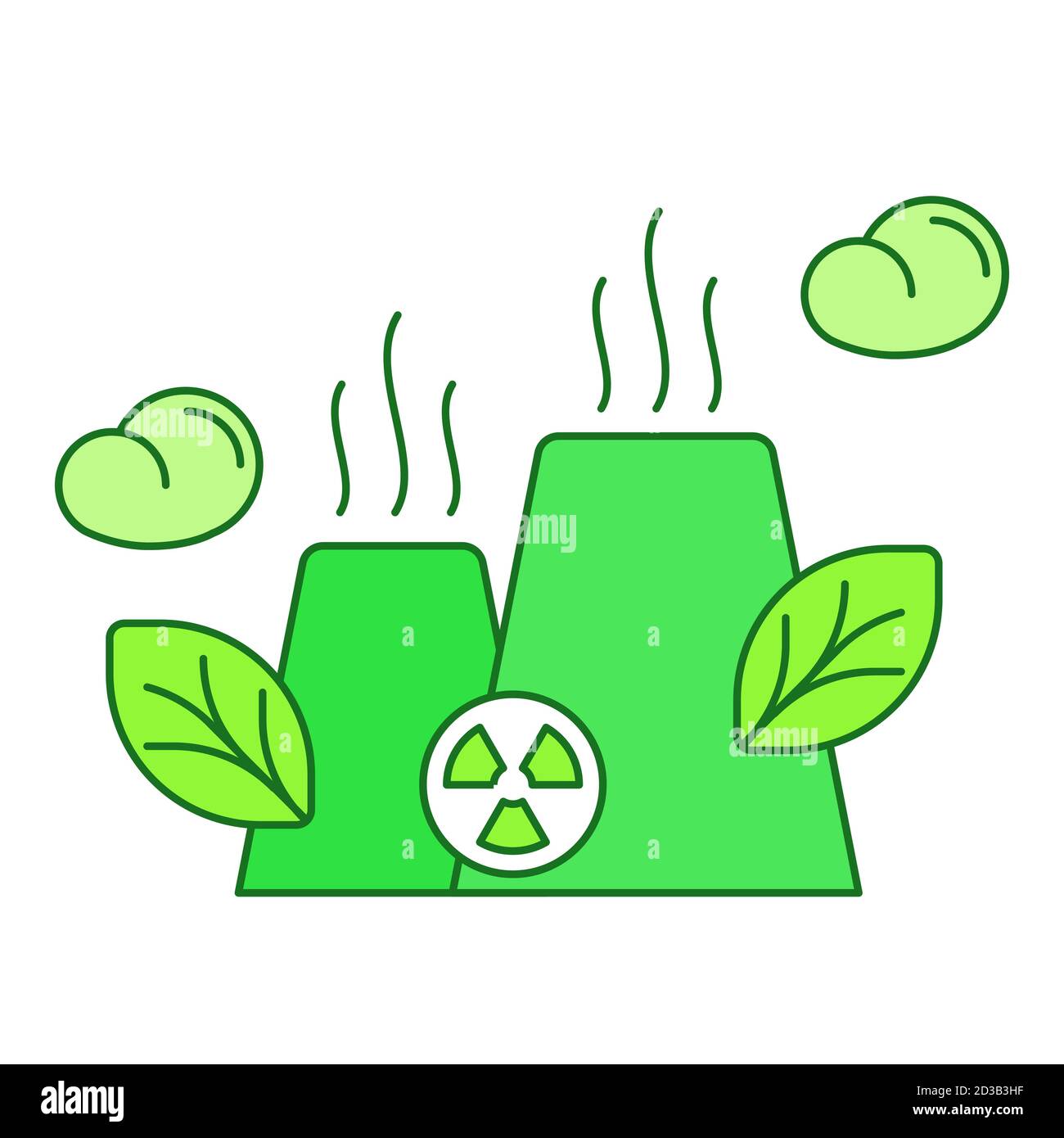 Concetto di energia nucleare pulita centrale elettrica tubo fabbrica reattore foglia sfondo bianco isolato con tema verde a profilo piatto Illustrazione Vettoriale