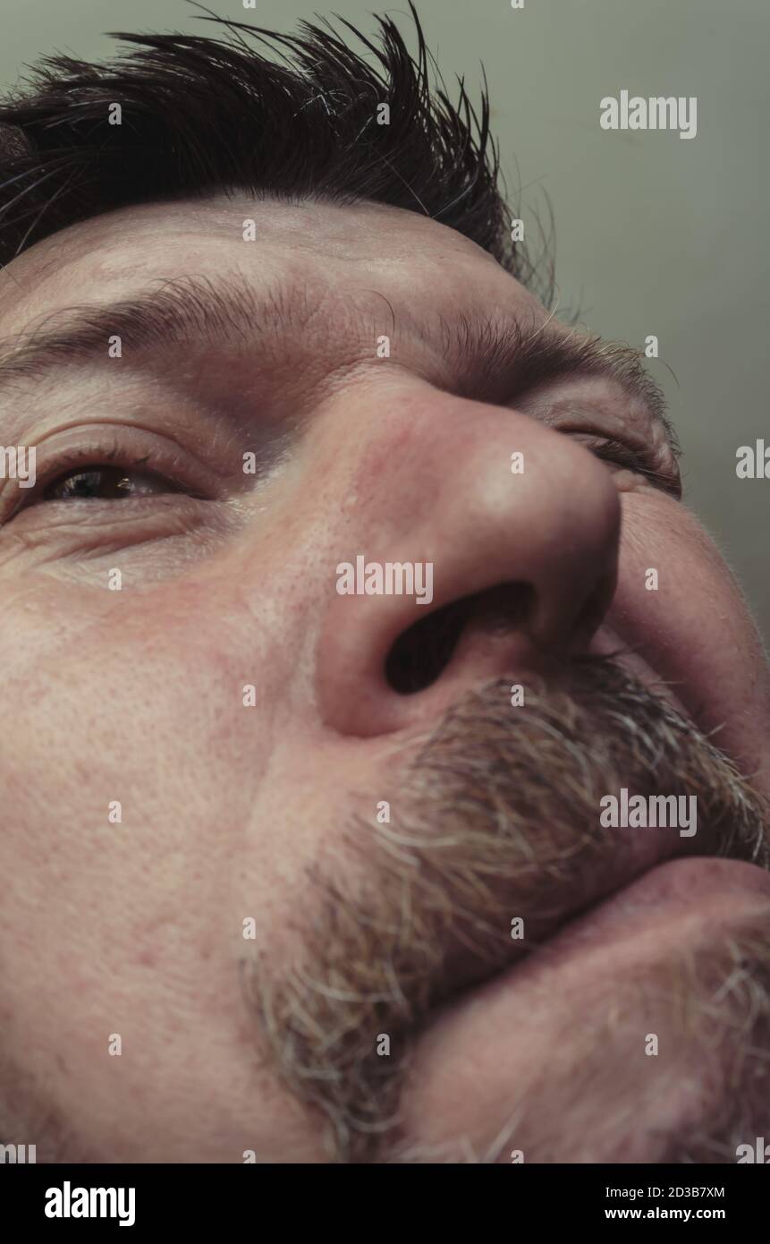 Ritratto insolito di un uomo bearded con i capelli corti marroni. Un uomo adulto con la barba gli fa un'escursione con il naso nella macchina fotografica. Espressioni ed emozioni del viso. Foto Stock