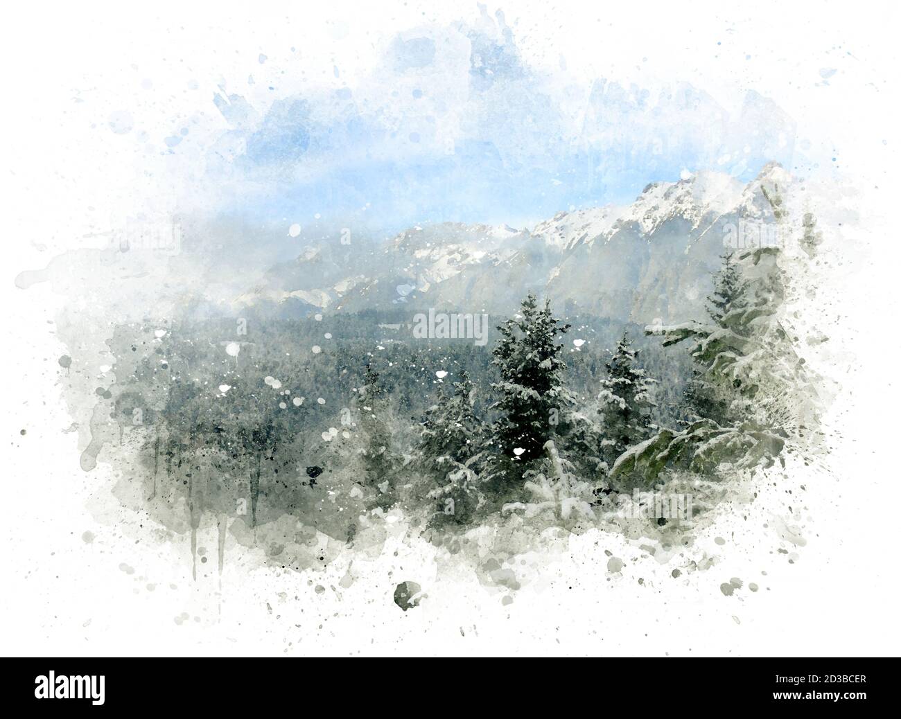 Paesaggio invernale, vuoto per testo o cartolina, illustrazione acquerello Foto Stock