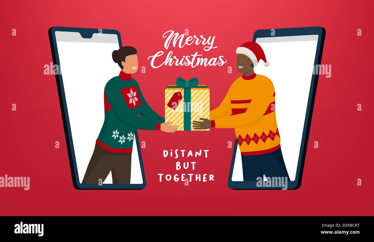 La gente videochiama e condivide i regali di Natale in linea, prevenzione del coronavirus e celebrazione sicura di Natale in linea Illustrazione Vettoriale La gente videochiama e condivide i regali di Natale in linea, prevenzione del coronavirus e celebrazione sicura di Natale in linea Illustrazione Vettoriale