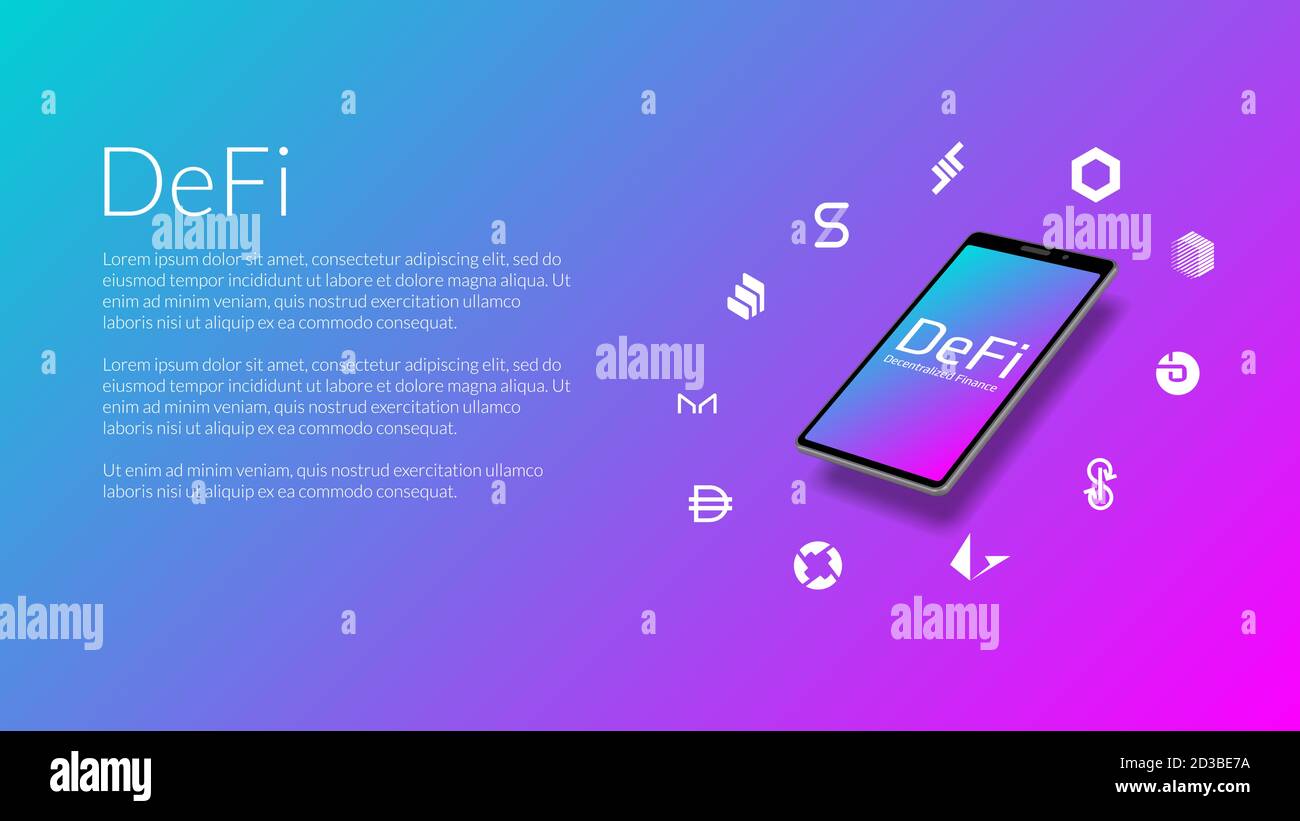 DEFI decentralizzato informazioni finanziarie intestazione sito web mockup con realistico isometrico smartphone e icone moneta intorno. Bella sfumatura blu a pin Illustrazione Vettoriale