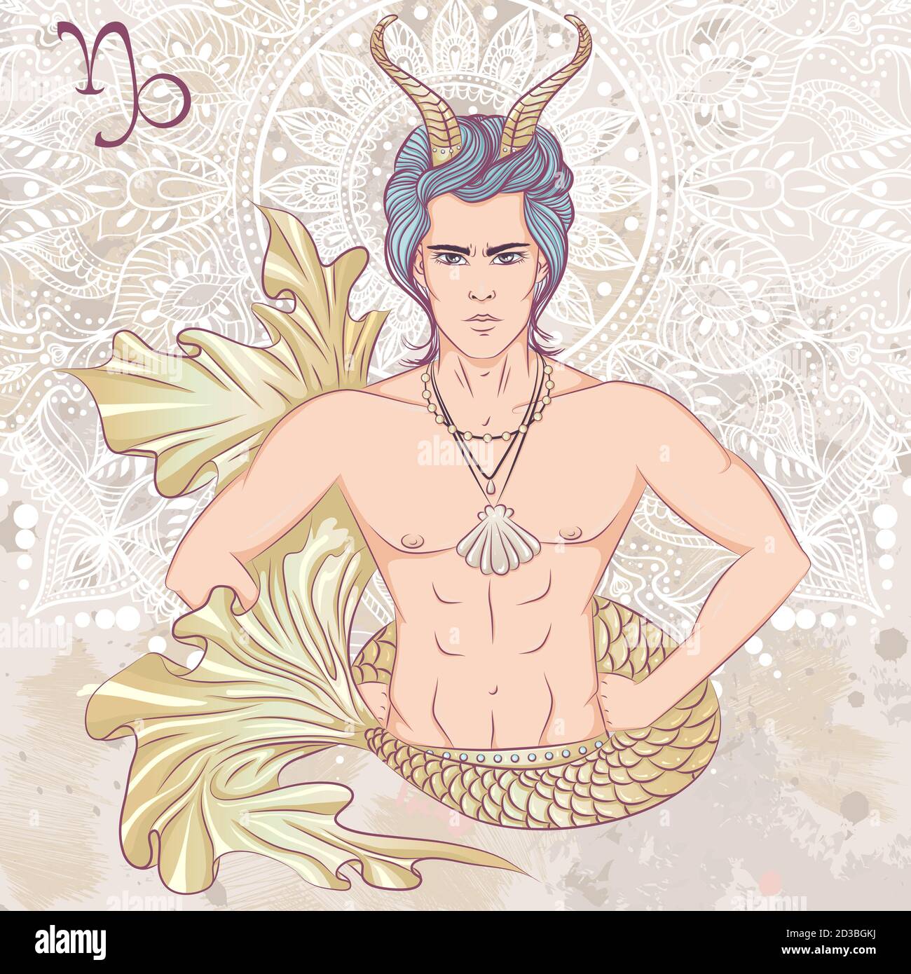 Zodiaco. Illustrazione vettoriale del segno astrologico del Capricorno come un uomo con un torso nudo. L'illustrazione su sfondo grunge decorativo in colori retrò Illustrazione Vettoriale