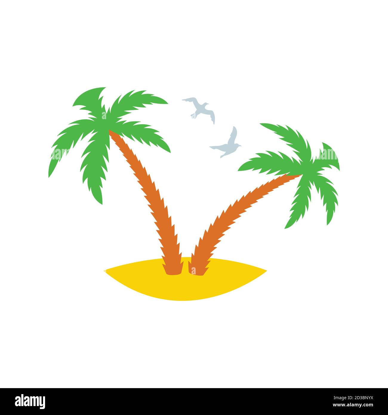 Due palme su un'isola sabbiosa con i gabbiani che volano. Icona. Illustrazione vettoriale. Illustrazione Vettoriale
