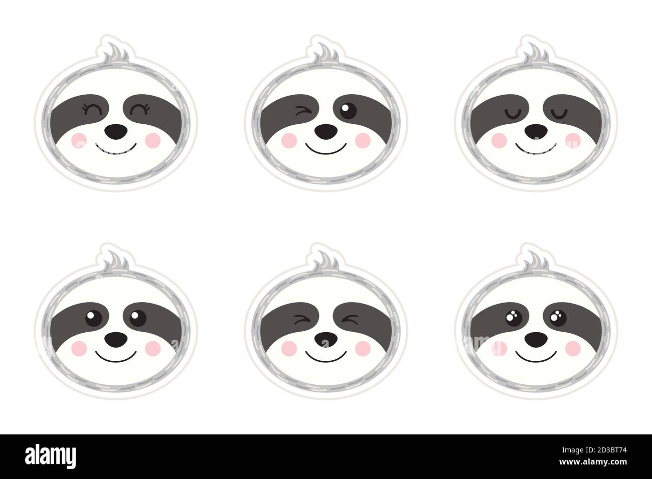 Una serie di smileys piatti a forma di un sloth. Simpatico cartoon immagini. Adesivi. Illustrazione vettoriale Illustrazione Vettoriale