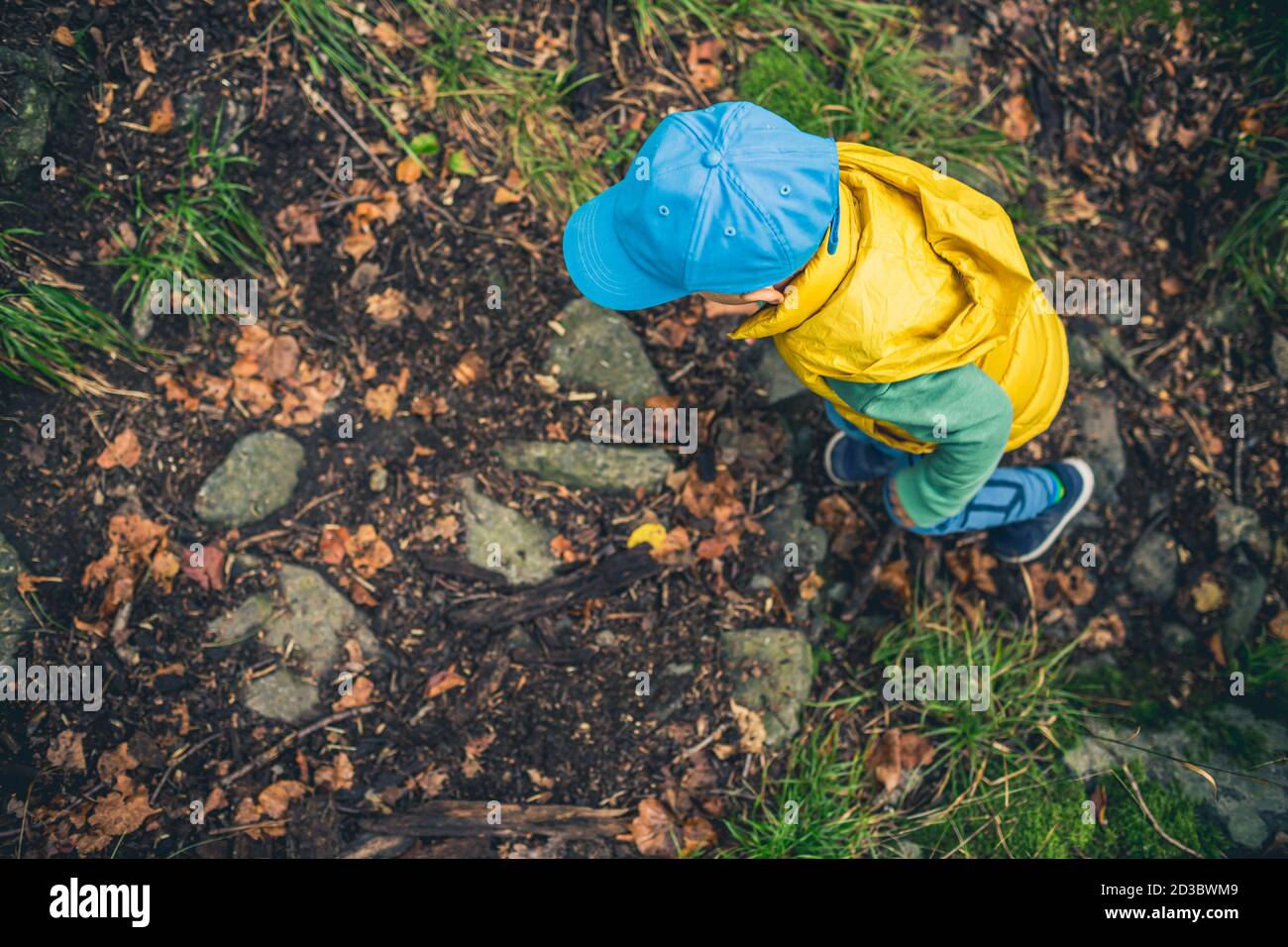 Escursioni per bambini in montagna, avventura in famiglia, vista dall'alto. Piccolo bambino che cammina nella foresta rocciosa verde. Foto Stock