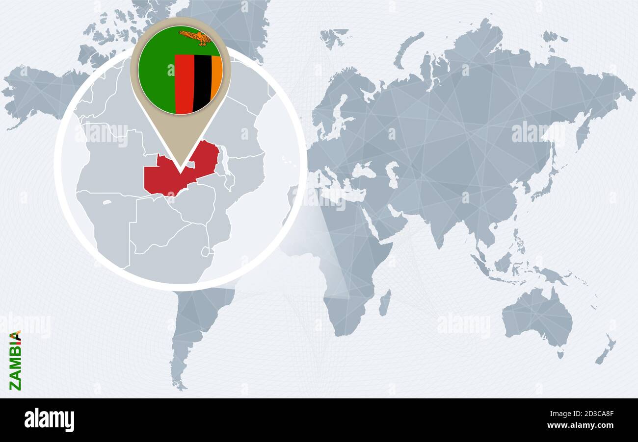 Mappa astratta del mondo blu con lo Zambia ingrandito. Bandiera e mappa dello Zambia. Illustrazione vettoriale. Illustrazione Vettoriale