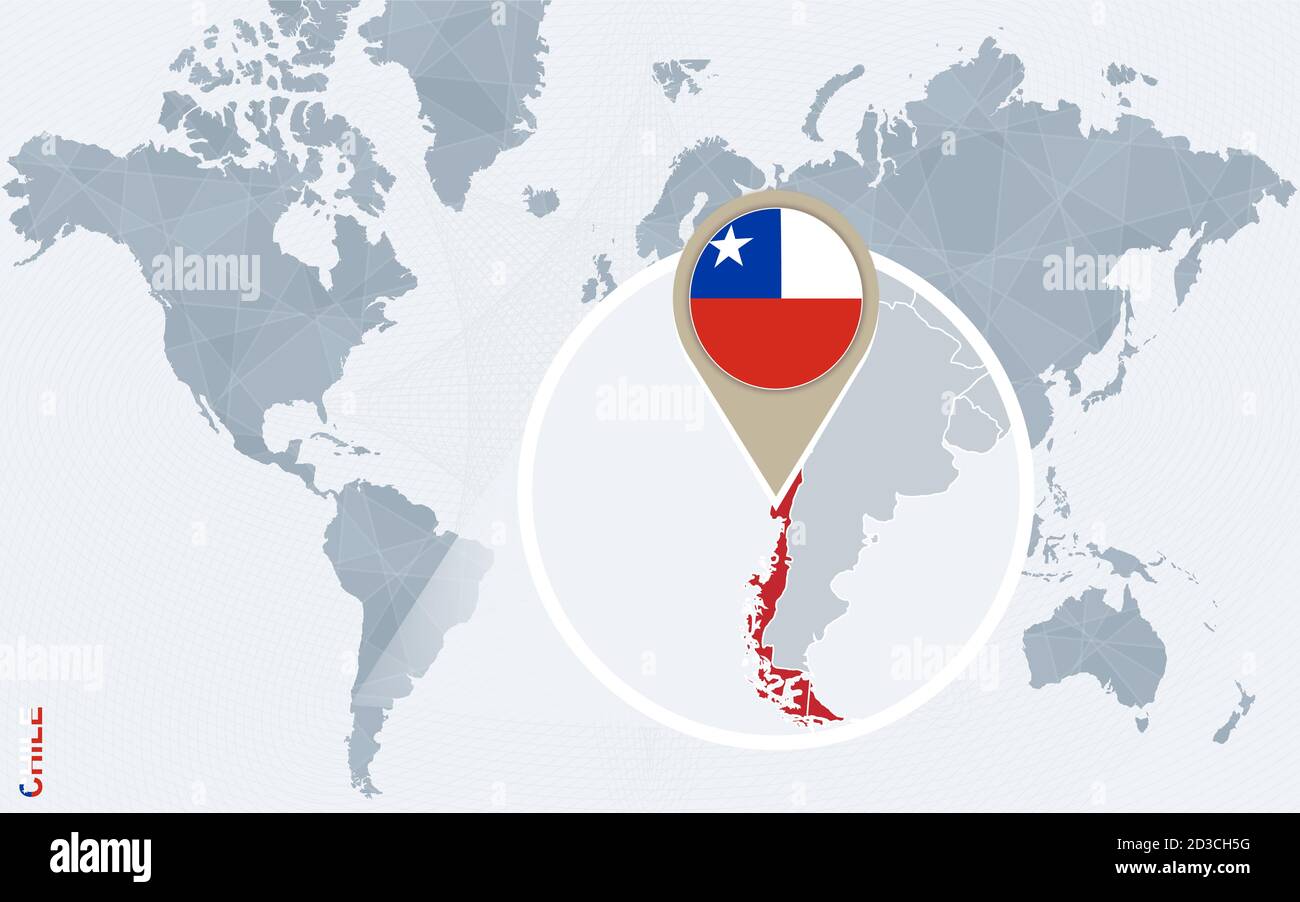 Mappa astratta del mondo blu con il Cile ingrandito. Bandiera e mappa del Cile. Illustrazione vettoriale. Illustrazione Vettoriale