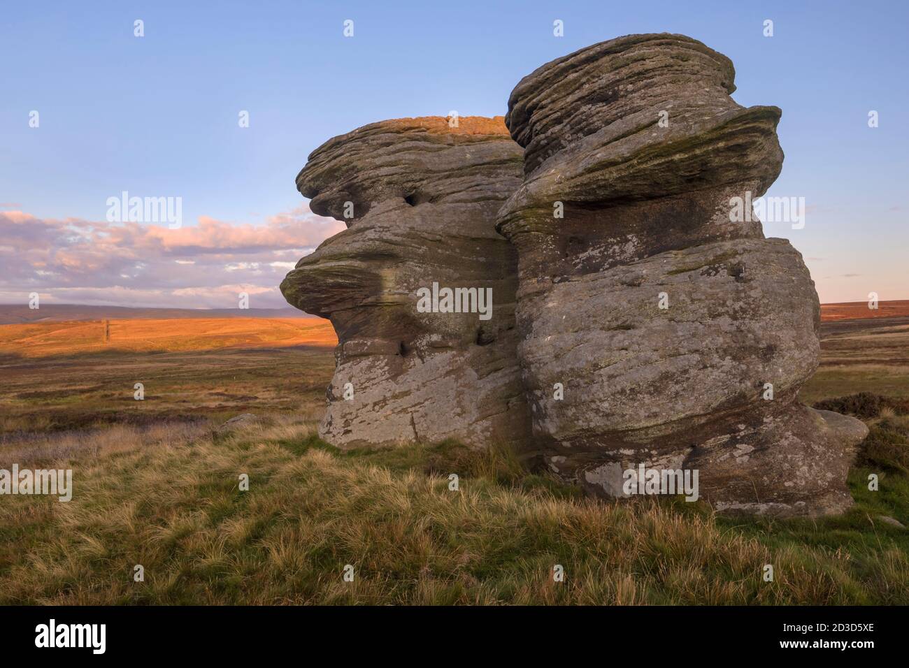 Jenny Twigg e sua figlia Tib, formazioni rocciose di pietra gritstone su Fountains Earth Moor sopra la Valle Nidd, Nidderdale. Foto Stock