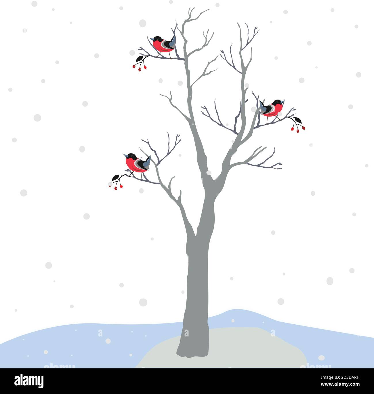 Albero di inverno con pochi acini e uccelli rossi in una fredda guardando lo sfondo con montagne e dark sky nevoso. Stagione la natura. Innevato paesaggio naturale. Vec Illustrazione Vettoriale