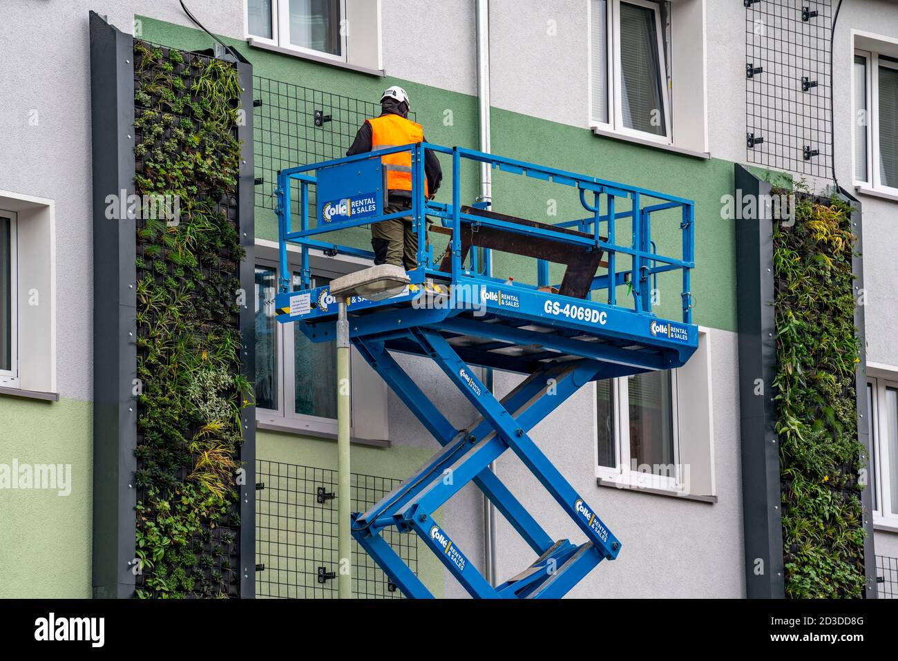 Installazione di un verde per facciate su 4 edifici di appartamenti, su Gladbecker Strasse, B224, dovrebbero filtrare ossidi di azoto e particelle di polvere fine da Foto Stock