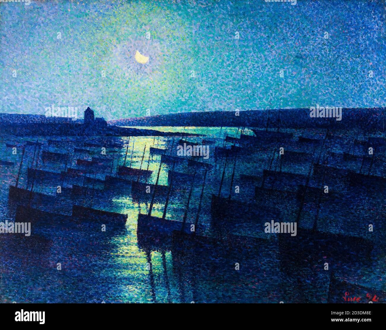 Camaret, Moonlight e barche da pesca, pointillismo paesaggio pittura di Maximilien luce, 1894 Foto Stock