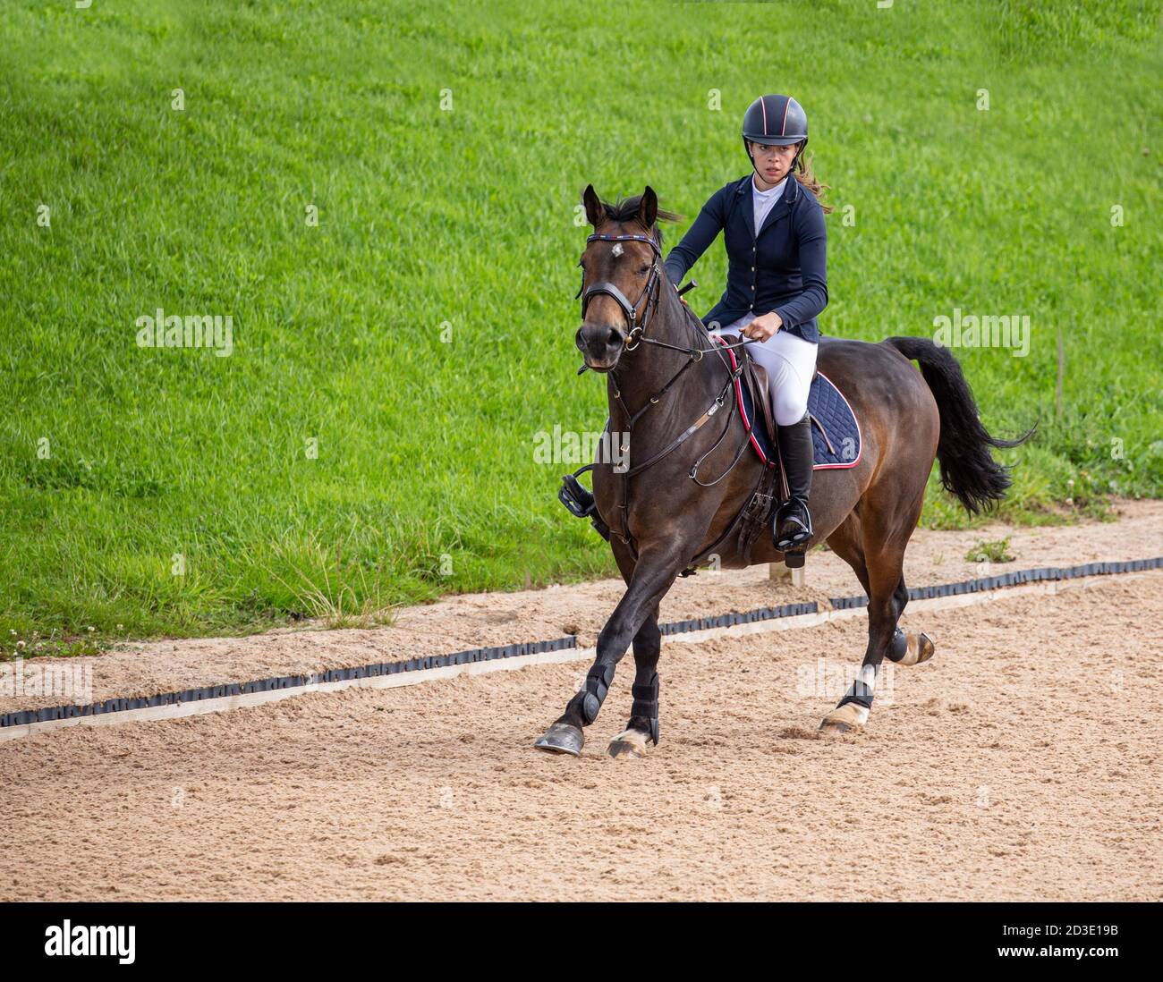 Un cavallo che salta in mostra trotting insieme ad una giovane cavaliere equestre che si consentra sulla pratica del suo sport. Foto Stock