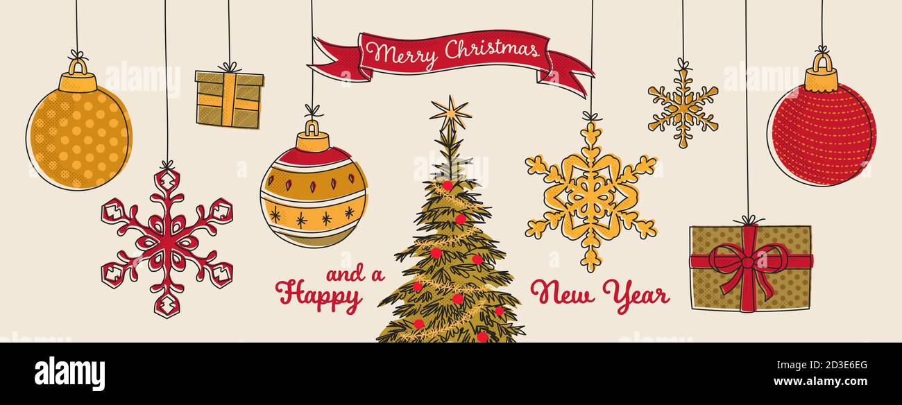 Buon Natale e un buon anno nuovo banner con albero di Natale e ornamenti di Natale sospesi, rosso, verde e giallo tavolozza dei colori Illustrazione Vettoriale