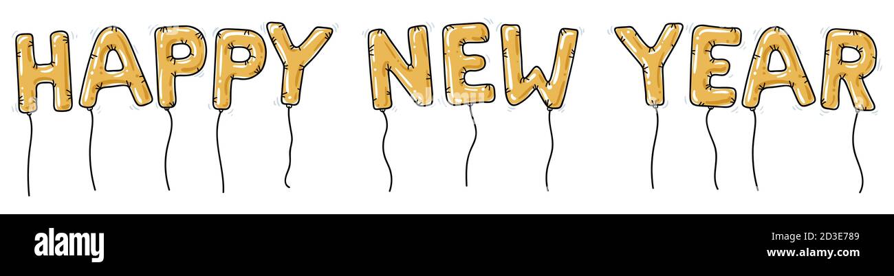 Banner orizzontale con lettere dorate che ortografia felice anno nuovo su sfondo bianco Illustrazione Vettoriale
