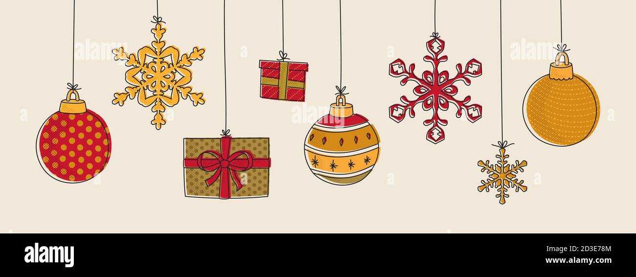 Bella carta di Natale design, banner orizzontale con colorati ornamenti di Natale sospesi, stelle e scatole regalo su sfondo beige Illustrazione Vettoriale