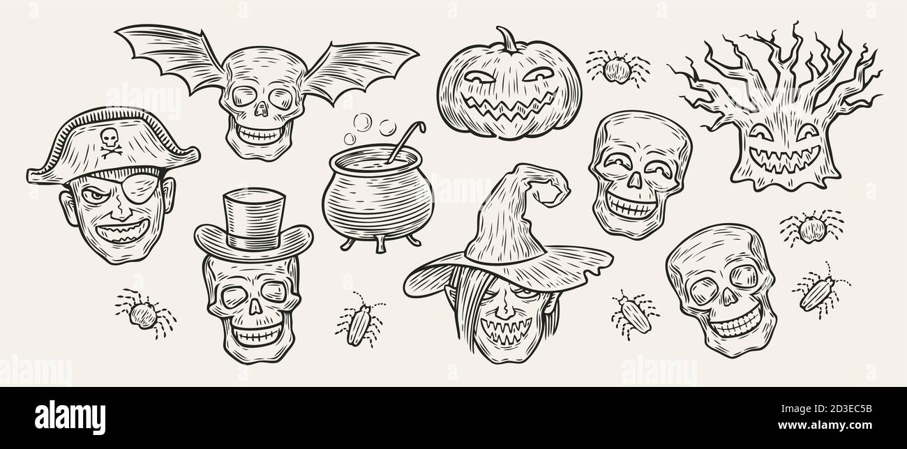 Set di simboli di Halloween. Illustrazione vettoriale vintage disegnata a mano Illustrazione Vettoriale