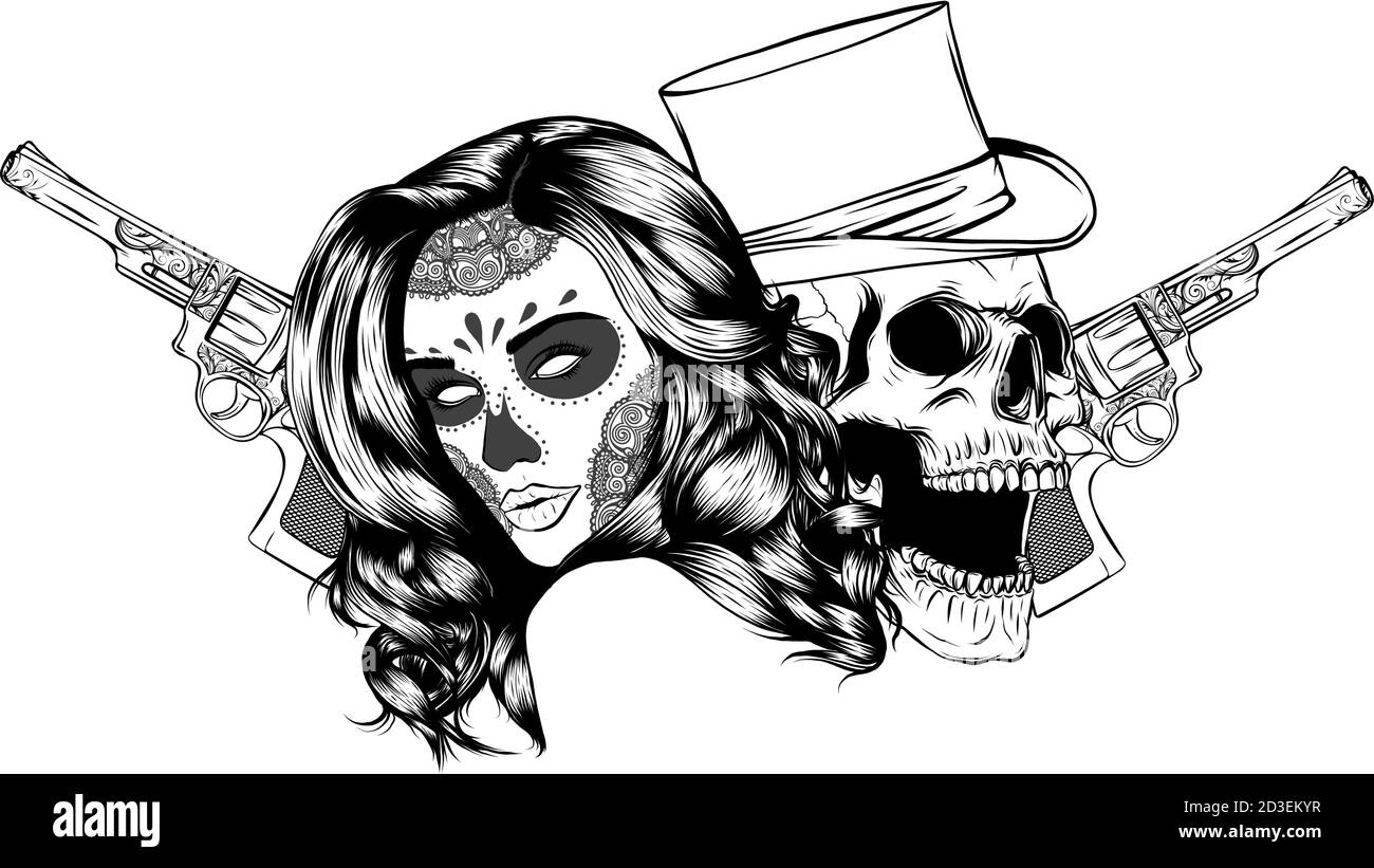 I Gangster skull tattoo. Testa di morte con sigaro e vettore di hat Illustrazione Vettoriale