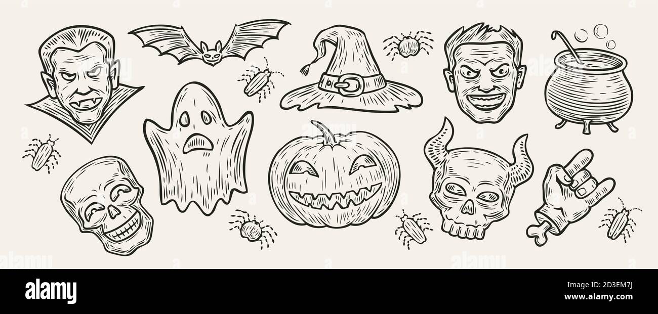 Concetto di Halloween. Simboli disegnati a mano illustrazione vettoriale vintage Illustrazione Vettoriale