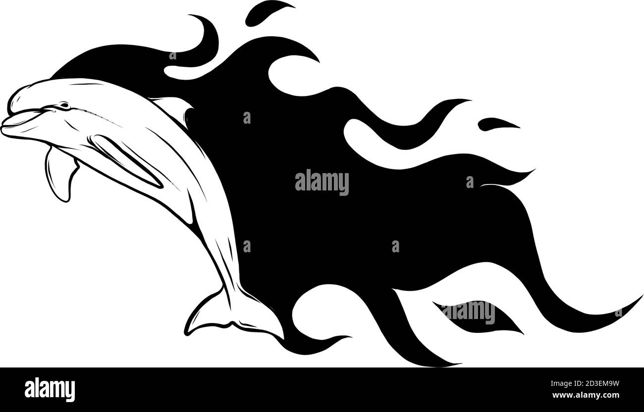 Grafica grafica grafica di disegno di illustrazione vettoriale di delfino che fiammeggiante Illustrazione Vettoriale