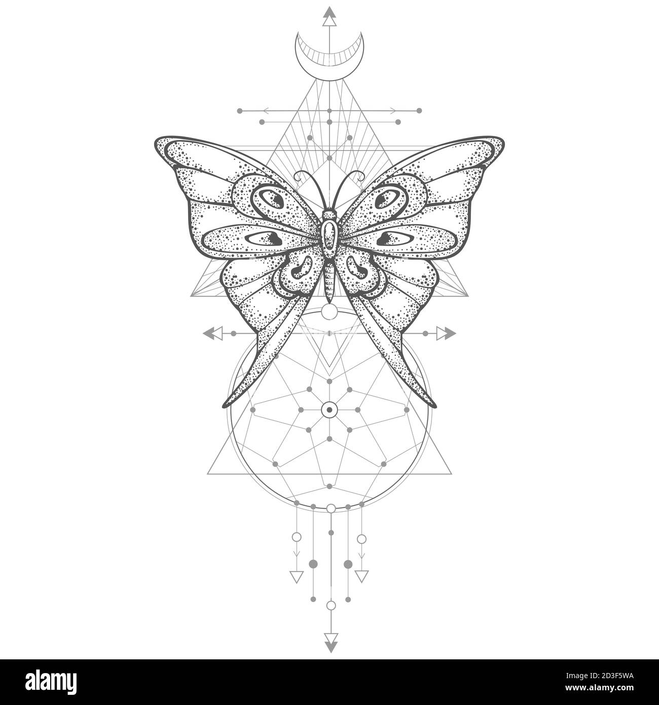 Illustrazione vettoriale con farfalla disegnata a mano e simbolo geometrico Sacro su sfondo bianco. Segno mistico astratto. Forma lineare nera. Per voi desig Illustrazione Vettoriale