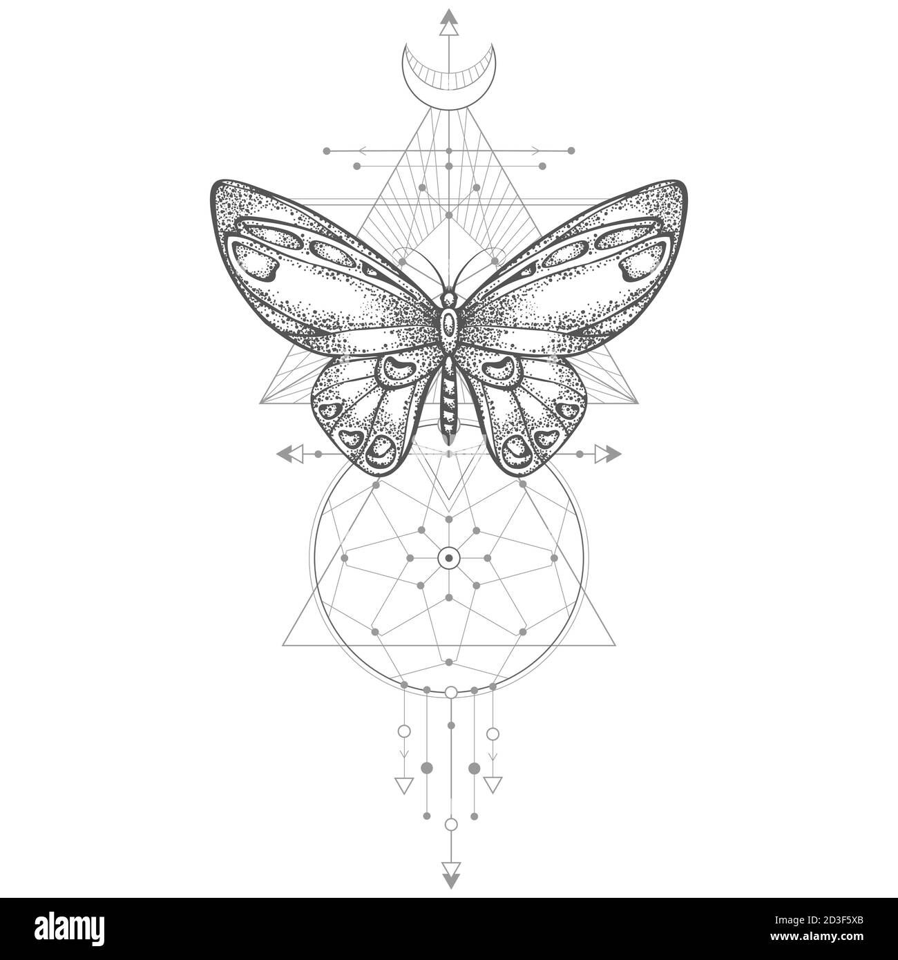 Illustrazione vettoriale con farfalla disegnata a mano e simbolo geometrico Sacro su sfondo bianco. Segno mistico astratto. Forma lineare nera. Per voi desig Illustrazione Vettoriale