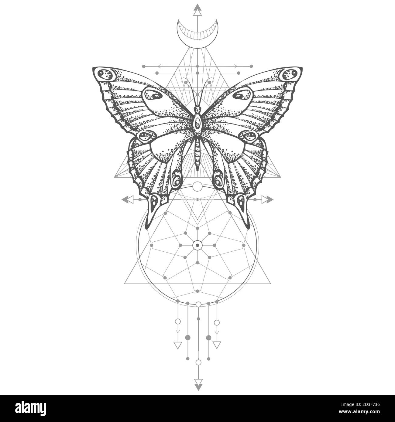 Illustrazione vettoriale con farfalla disegnata a mano e simbolo geometrico Sacro su sfondo bianco. Segno mistico astratto. Forma lineare nera. Per voi desig Illustrazione Vettoriale