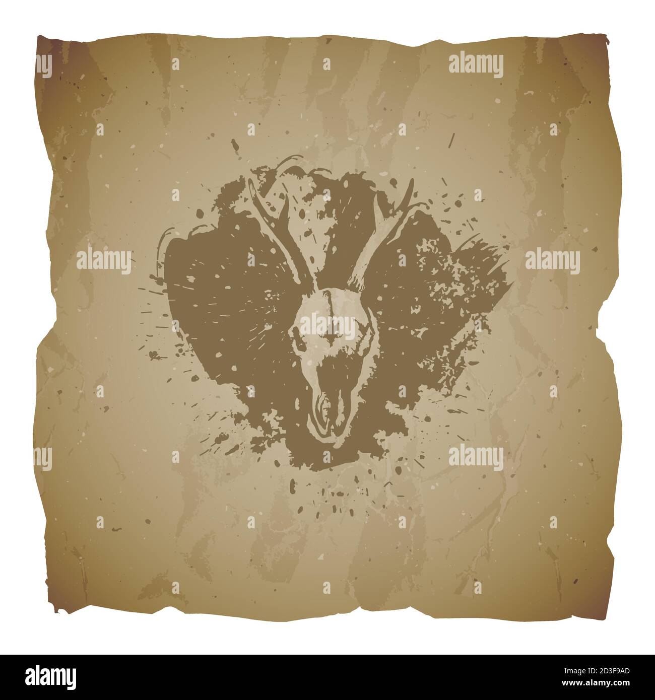 Illustrazione vettoriale del capriolo e degli elementi grunge disegnati a mano sul vecchio sfondo dei bordi strappati. Grana carta vecchia. Schizzo in colore seppia. Per Yo Illustrazione Vettoriale