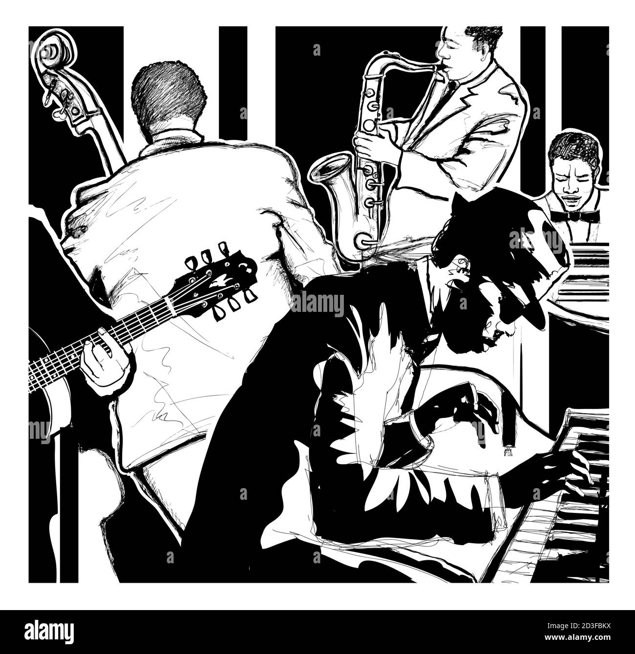 Jazz band con chitarra, contrabbasso, piano, sassofono e tastiera - illustrazione vettoriale Illustrazione Vettoriale