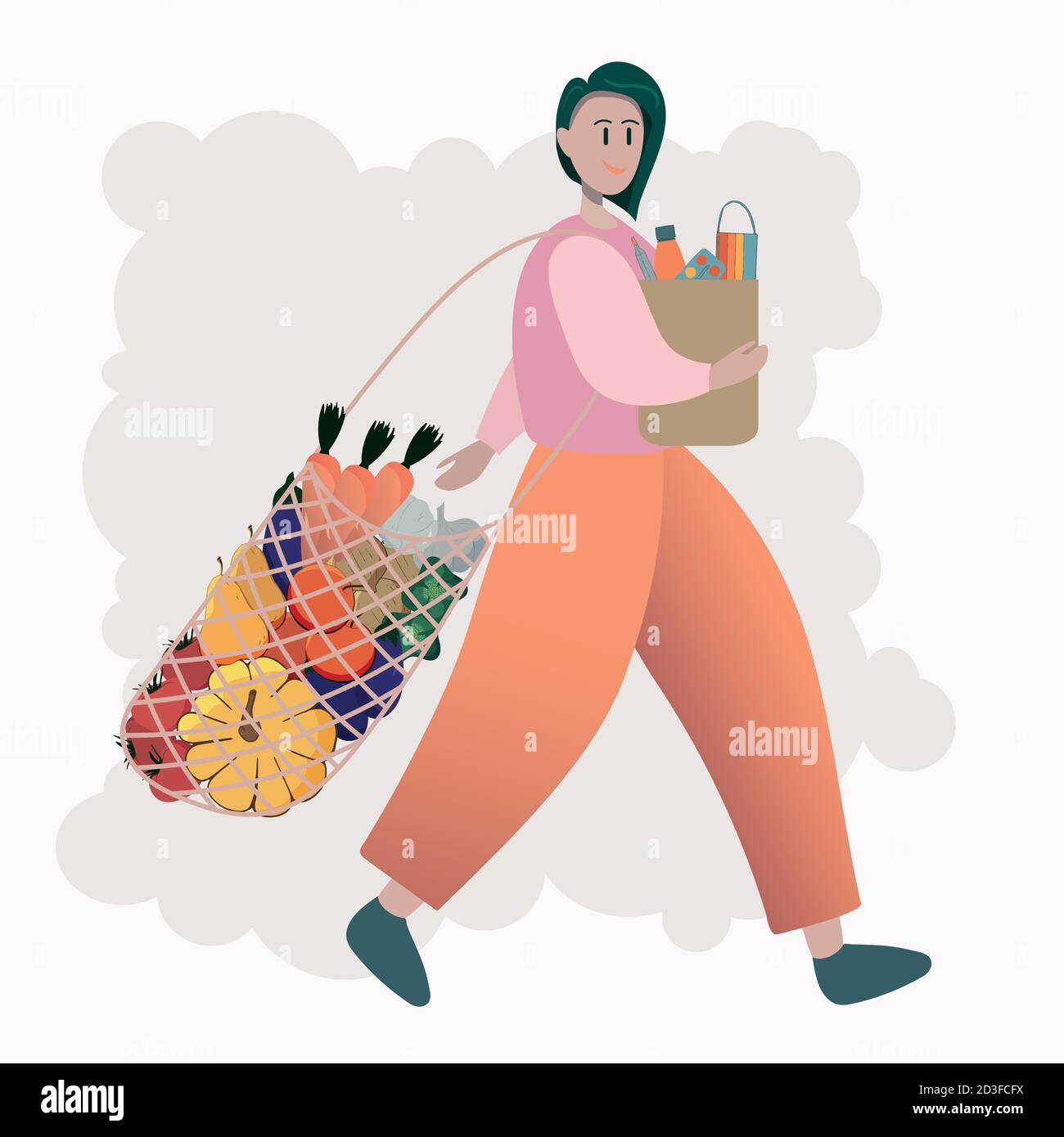 donna ha comprato verdure, frutta e una maschera Illustrazione Vettoriale