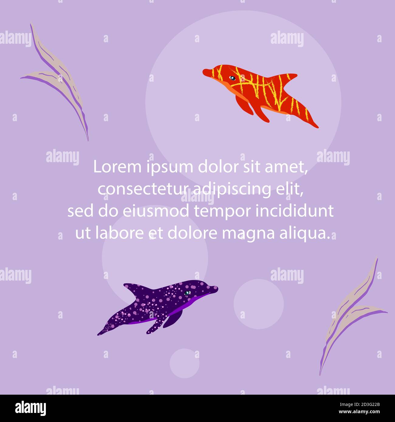 Illustrazione vettoriale dei delfini con spazio per il testo. Illustrazione piatta stilizzata degli animali dell'oceano. Illustrazione Vettoriale